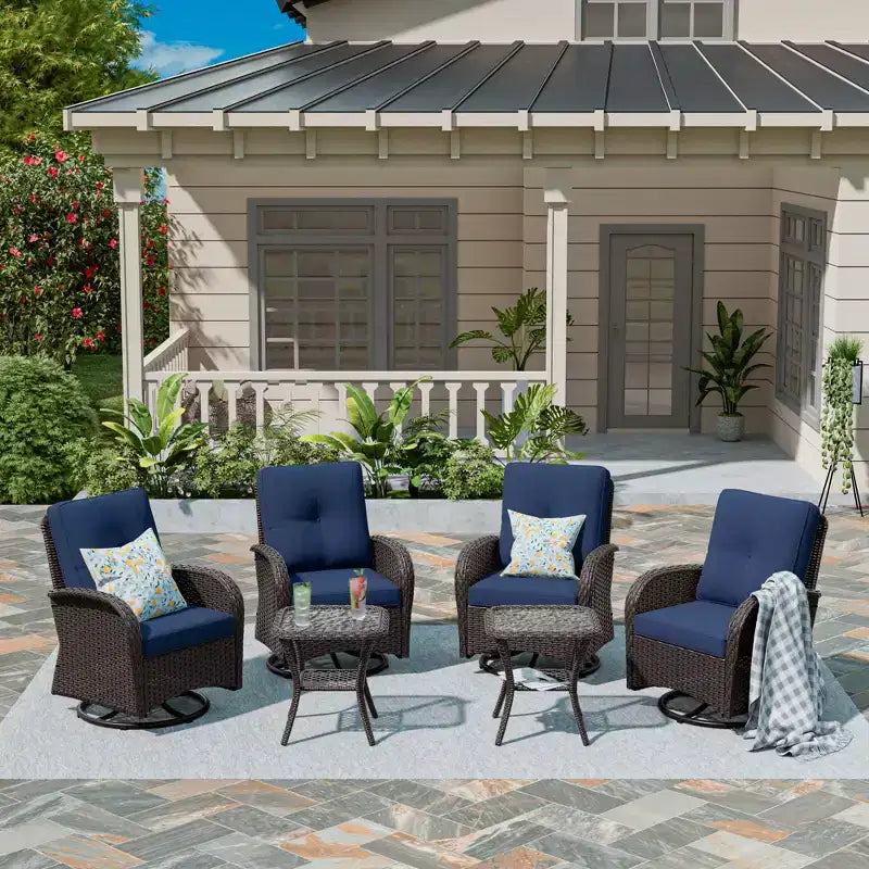 UPTIOT 6-teiliges Loungeset aus Weidengeflecht, drehbare Outdoor-Schaukelstühle