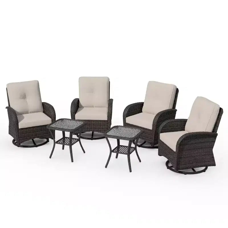 UPTIOT 6-teiliges Loungeset aus Weidengeflecht, drehbare Outdoor-Schaukelstühle