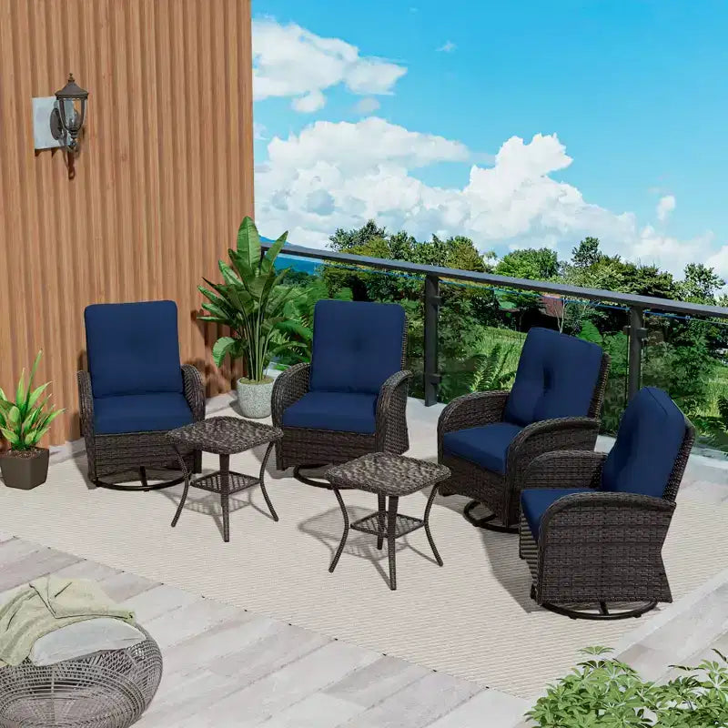 UPTIOT 6-teiliges Loungeset aus Weidengeflecht, drehbare Outdoor-Schaukelstühle