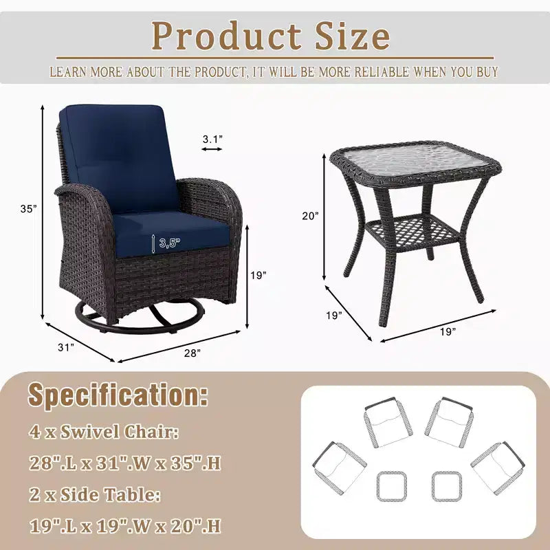 UPTIOT 6-teiliges Loungeset aus Weidengeflecht, drehbare Outdoor-Schaukelstühle