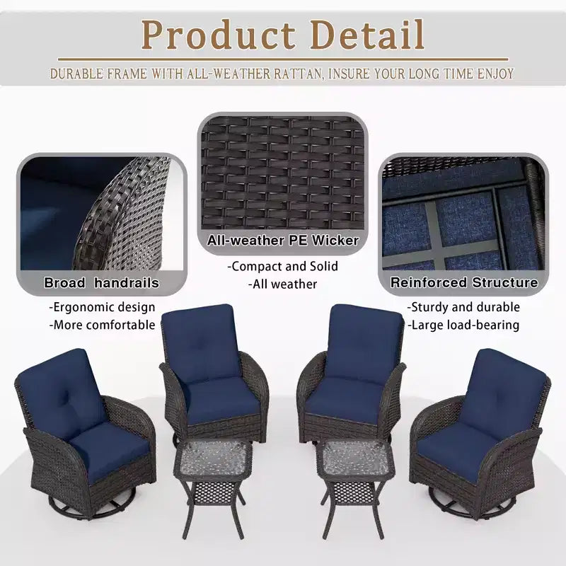 UPTIOT 6-teiliges Loungeset aus Weidengeflecht, drehbare Outdoor-Schaukelstühle