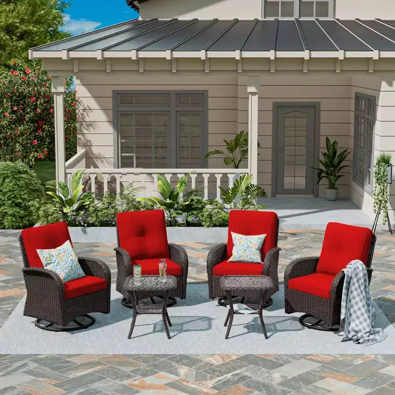 UPTIOT 6-teiliges Loungeset aus Weidengeflecht, drehbare Outdoor-Schaukelstühle