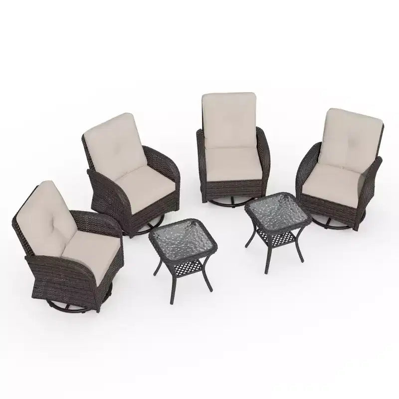 UPTIOT 6-teiliges Loungeset aus Weidengeflecht, drehbare Outdoor-Schaukelstühle