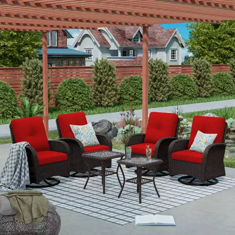 UPTIOT 6-teiliges Loungeset aus Weidengeflecht, drehbare Outdoor-Schaukelstühle