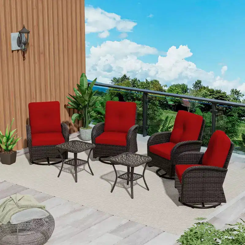 UPTIOT 6-teiliges Loungeset aus Weidengeflecht, drehbare Outdoor-Schaukelstühle