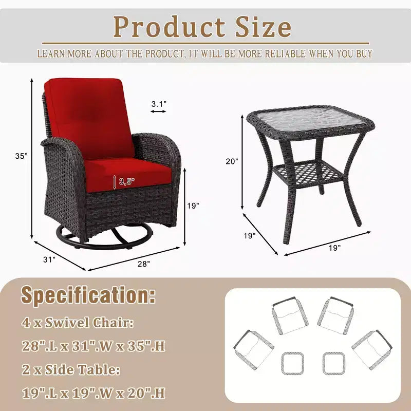 UPTIOT 6-teiliges Loungeset aus Weidengeflecht, drehbare Outdoor-Schaukelstühle