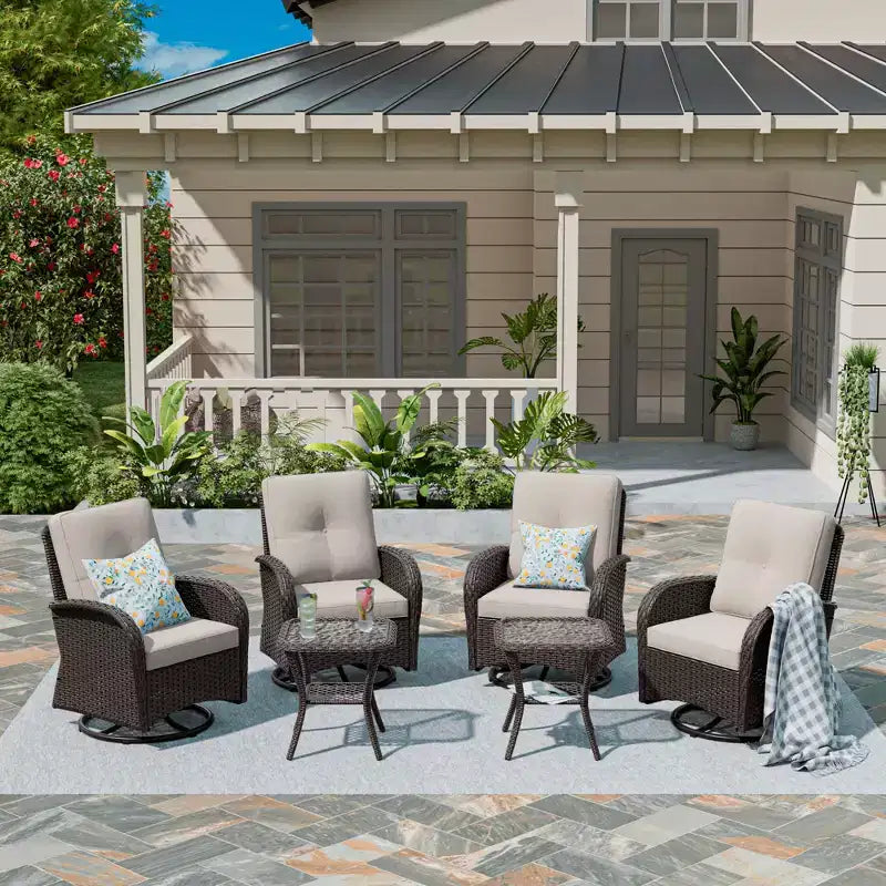 UPTIOT 6-teiliges Loungeset aus Weidengeflecht, drehbare Outdoor-Schaukelstühle
