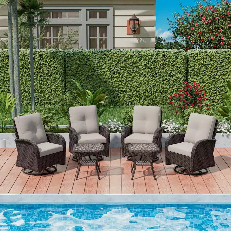 UPTIOT 6-teiliges Loungeset aus Weidengeflecht, drehbare Outdoor-Schaukelstühle