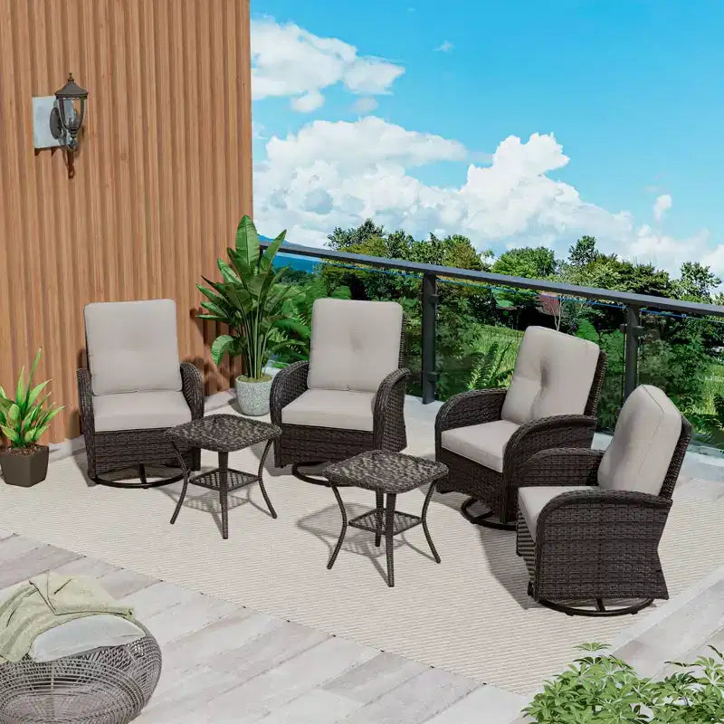 UPTIOT 6-teiliges Loungeset aus Weidengeflecht, drehbare Outdoor-Schaukelstühle