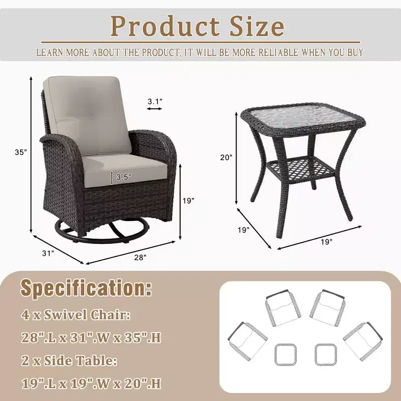 UPTIOT 6-teiliges Loungeset aus Weidengeflecht, drehbare Outdoor-Schaukelstühle