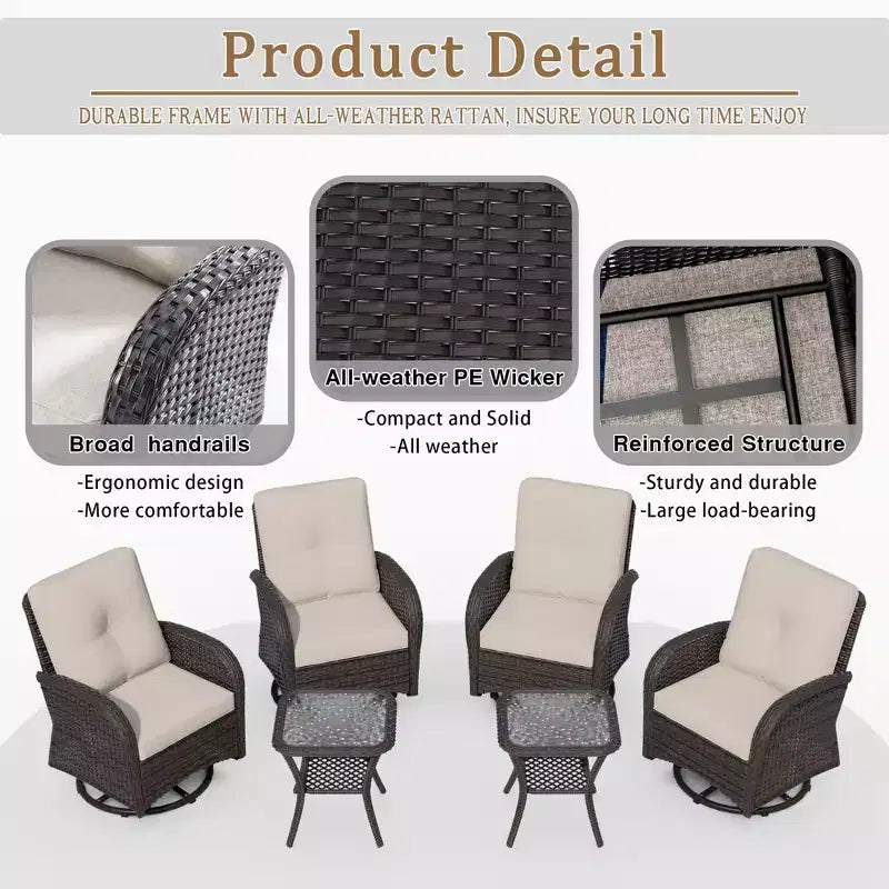 UPTIOT 6-teiliges Loungeset aus Weidengeflecht, drehbare Outdoor-Schaukelstühle