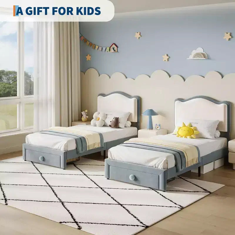 Prinzessin Einzelbett-Plattformrahmen mit Schublade, kein Boxspringbett erforderlich, gepolstertes Kopfteil für Kinder und Mädchen