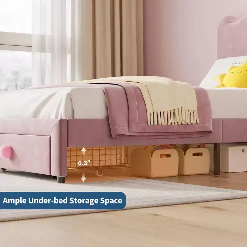Prinzessin Einzelbett-Plattformrahmen mit Schublade, kein Boxspringbett erforderlich, gepolstertes Kopfteil für Kinder und Mädchen