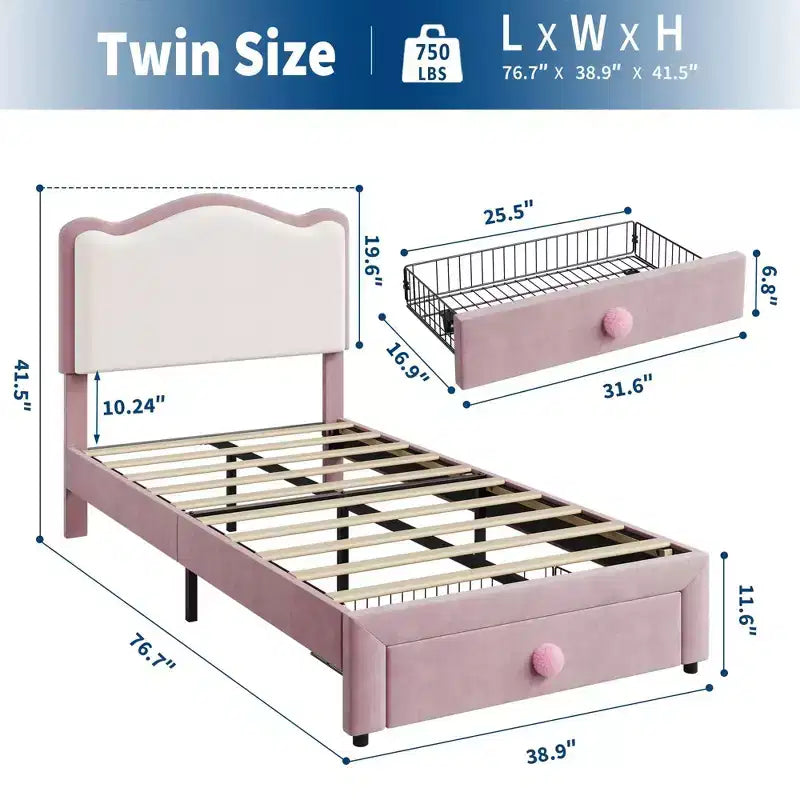 Prinzessin Einzelbett-Plattformrahmen mit Schublade, kein Boxspringbett erforderlich, gepolstertes Kopfteil für Kinder und Mädchen