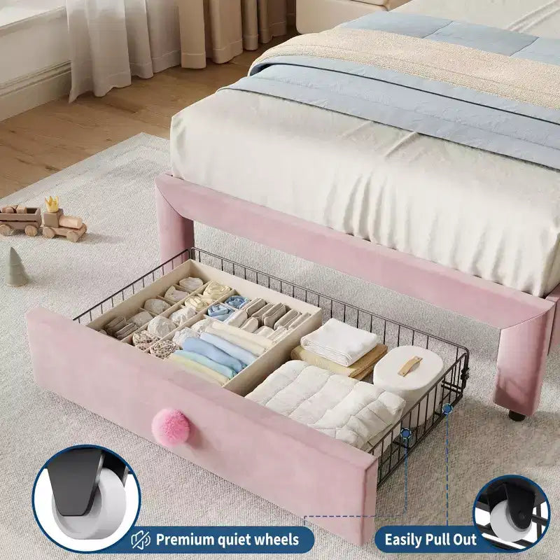 Prinzessin Einzelbett-Plattformrahmen mit Schublade, kein Boxspringbett erforderlich, gepolstertes Kopfteil für Kinder und Mädchen