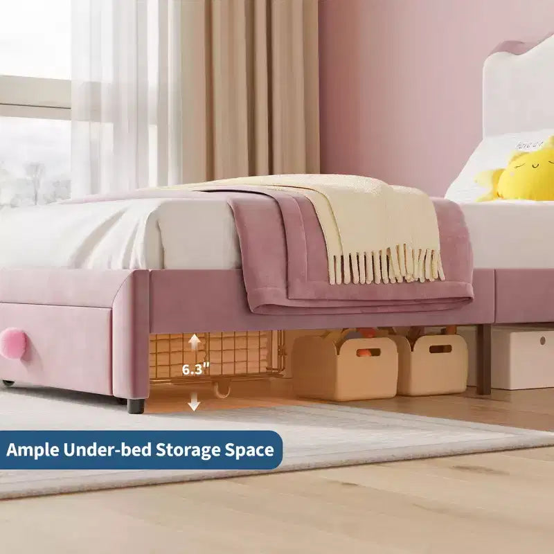 Prinzessin Einzelbett-Plattformrahmen mit Schublade, kein Boxspringbett erforderlich, gepolstertes Kopfteil für Kinder und Mädchen