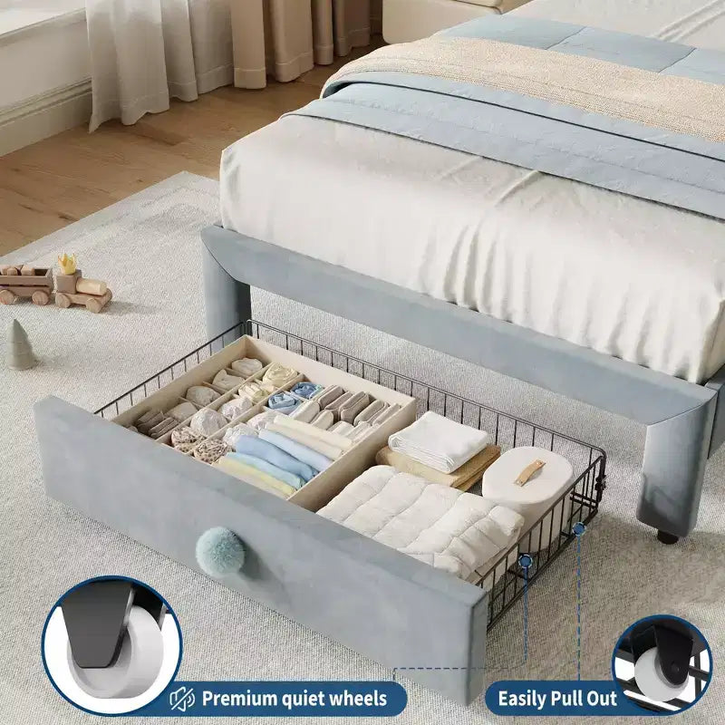 Prinzessin Einzelbett-Plattformrahmen mit Schublade, kein Boxspringbett erforderlich, gepolstertes Kopfteil für Kinder und Mädchen