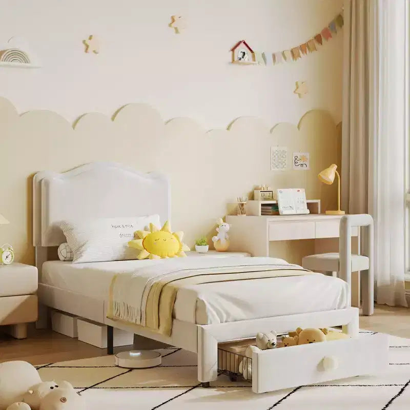 Princess Twin Size Platform Bed Frame with Storage Drawer  No Box Spring Needed, Upholstered Headboard for Kids Girls