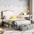Prinzessin Einzelbett-Plattformrahmen mit Schublade, kein Boxspringbett erforderlich, gepolstertes Kopfteil für Kinder und Mädchen