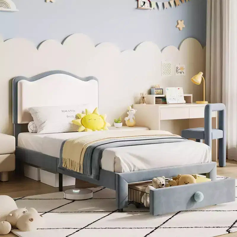Prinzessin Einzelbett-Plattformrahmen mit Schublade, kein Boxspringbett erforderlich, gepolstertes Kopfteil für Kinder und Mädchen