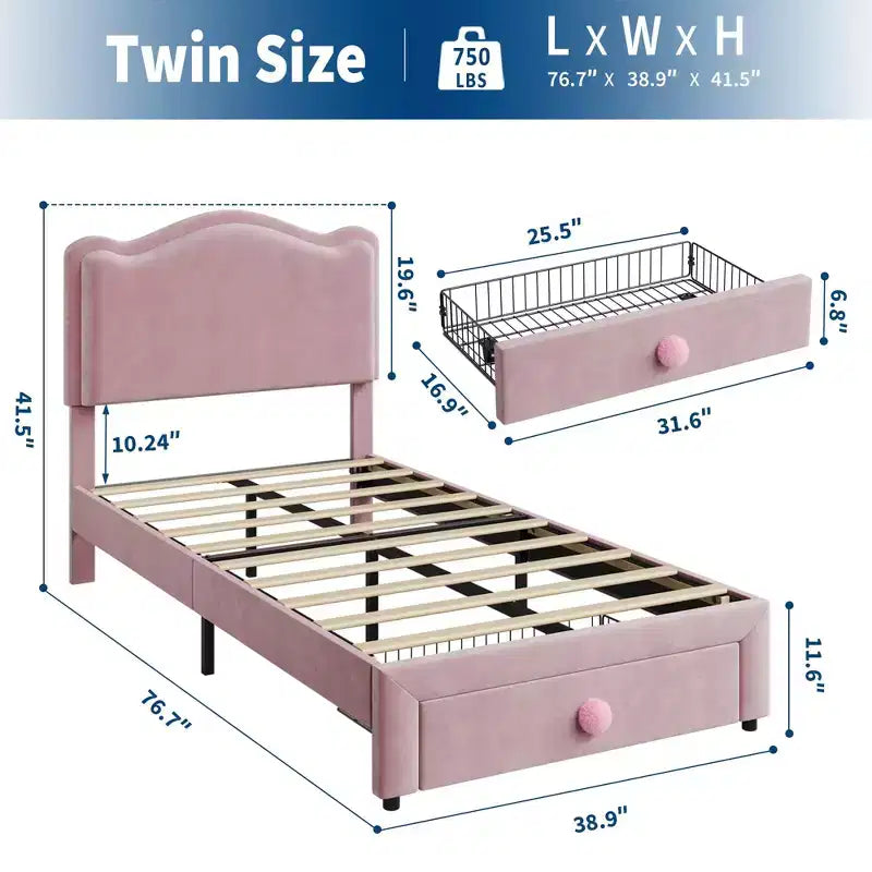 Prinzessin Einzelbett-Plattformrahmen mit Schublade, kein Boxspringbett erforderlich, gepolstertes Kopfteil für Kinder und Mädchen