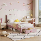 Prinzessin Einzelbett-Plattformrahmen mit Schublade, kein Boxspringbett erforderlich, gepolstertes Kopfteil für Kinder und Mädchen
