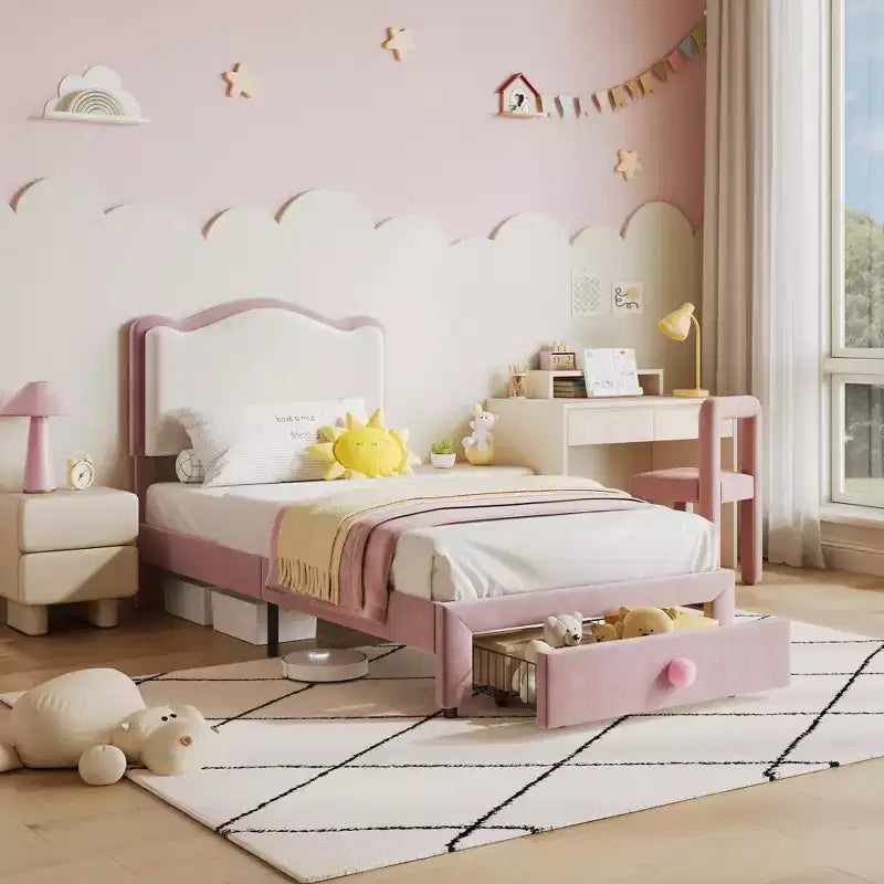 Prinzessin Einzelbett-Plattformrahmen mit Schublade, kein Boxspringbett erforderlich, gepolstertes Kopfteil für Kinder und Mädchen