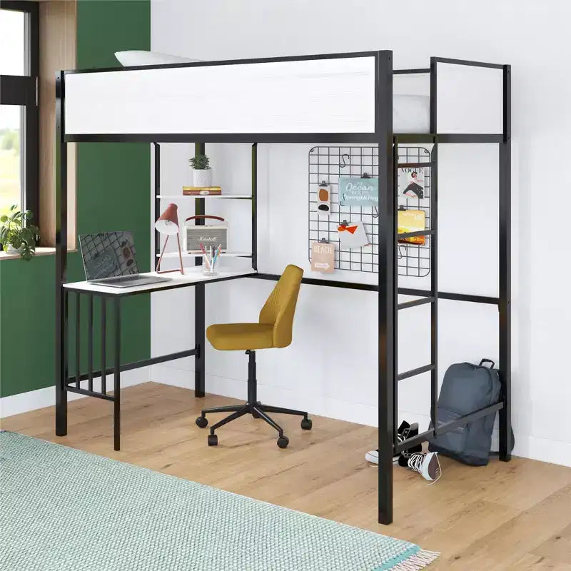 Bellemave Hochbett mit Schreibtisch & Regalen, Schwarz