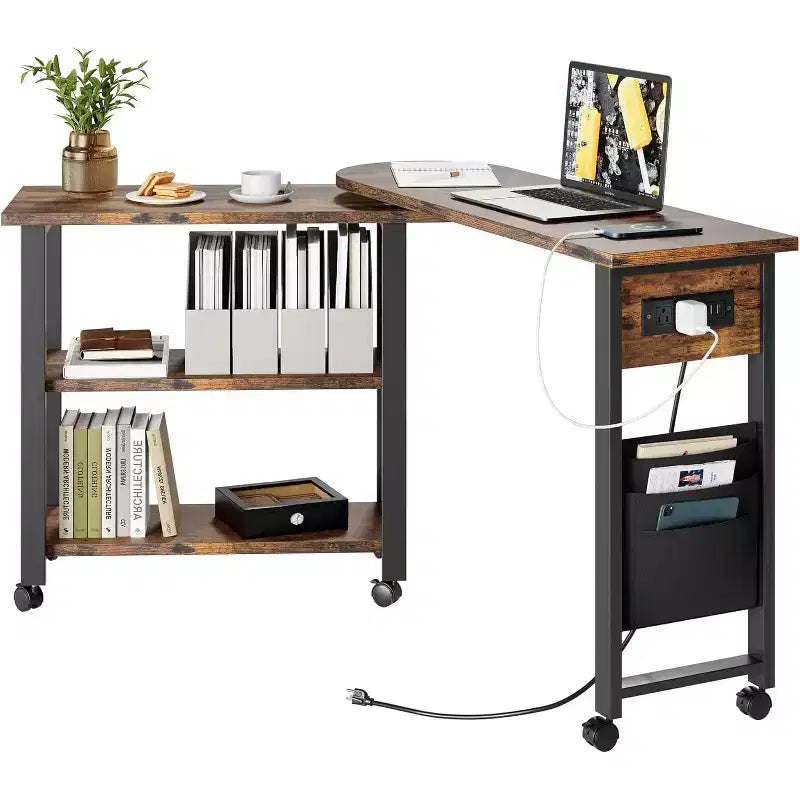 Sofa Table 360Rotating Tabletop End Table, 2-Tier Side Table with Charging Station and Side Storage Pocket for Living Room, Bedroom & Entryway