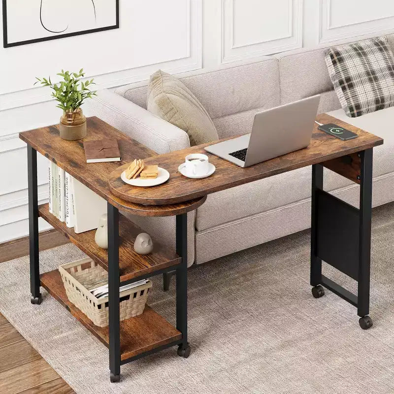 Sofatisch mit 360° drehbarer Tischplatte, 2-stöckiger Beistelltisch mit Ladestation und seitlicher Aufbewahrungstasche für Wohnzimmer, Schlafzimmer & Diele