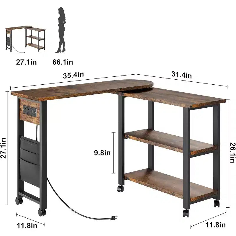 Sofatisch mit 360° drehbarer Tischplatte, 2-stöckiger Beistelltisch mit Ladestation und seitlicher Aufbewahrungstasche für Wohnzimmer, Schlafzimmer & Diele