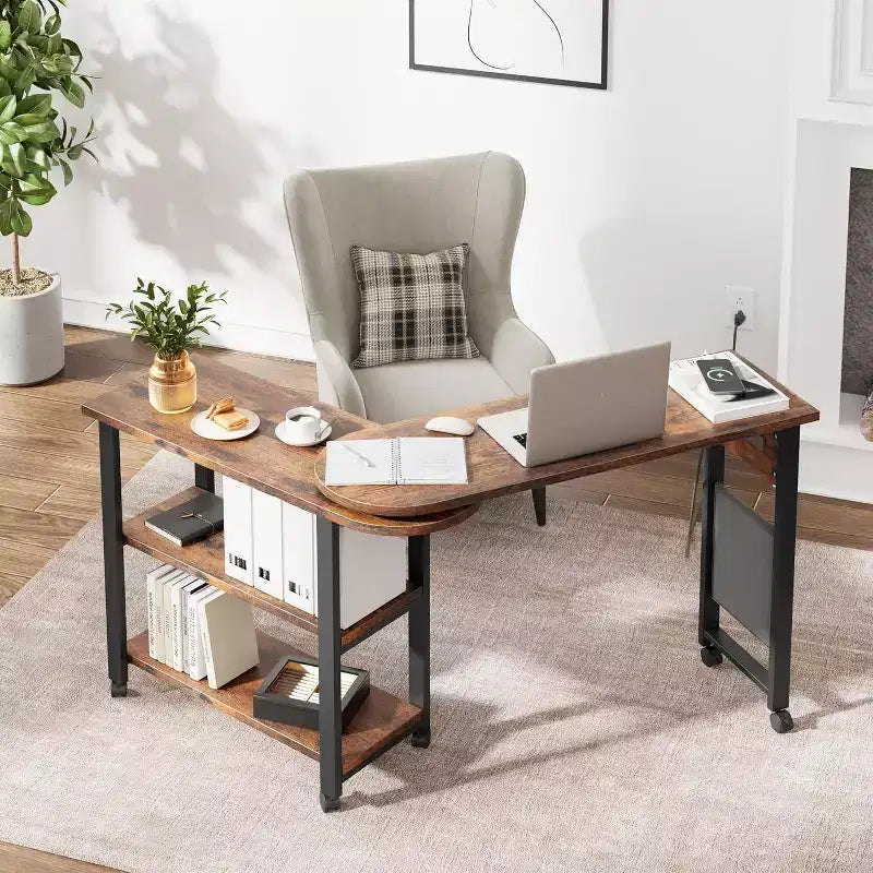 Sofatisch mit 360° drehbarer Tischplatte, 2-stöckiger Beistelltisch mit Ladestation und seitlicher Aufbewahrungstasche für Wohnzimmer, Schlafzimmer & Diele