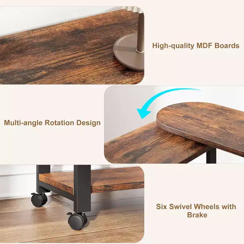 Sofatisch mit 360° drehbarer Tischplatte, 2-stöckiger Beistelltisch mit Ladestation und seitlicher Aufbewahrungstasche für Wohnzimmer, Schlafzimmer & Diele