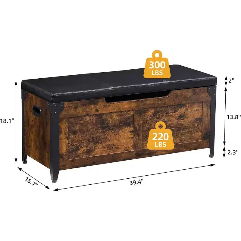Sitzbank mit Stauraum, Retro Holztruhe mit 2 Sicherheitscharnieren, belastbar bis 136 kg, Ottomanen-Sitzbank für Schlafzimmer, Wohnzimmer, Rustikal