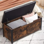 Sitzbank mit Stauraum, Retro Holztruhe mit 2 Sicherheitscharnieren, belastbar bis 136 kg, Ottomanen-Sitzbank für Schlafzimmer, Wohnzimmer, Rustikal