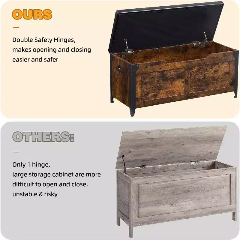 Sitzbank mit Stauraum, Retro Holztruhe mit 2 Sicherheitscharnieren, belastbar bis 136 kg, Ottomanen-Sitzbank für Schlafzimmer, Wohnzimmer, Rustikal