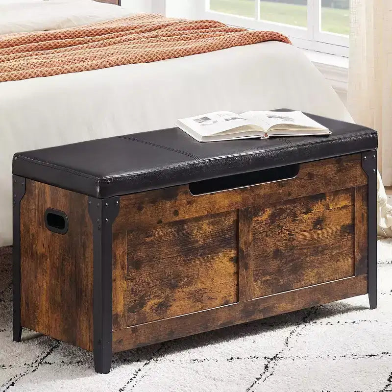 Sitzbank mit Stauraum, Retro Holztruhe mit 2 Sicherheitscharnieren, belastbar bis 136 kg, Ottomanen-Sitzbank für Schlafzimmer, Wohnzimmer, Rustikal