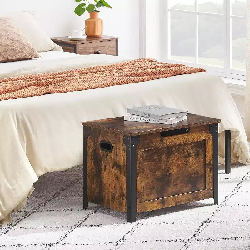 Sitzbank mit Stauraum, Retro Holztruhe mit 2 Sicherheitscharnieren, belastbar bis 136 kg, Ottomanen-Sitzbank für Schlafzimmer, Wohnzimmer, Rustikal