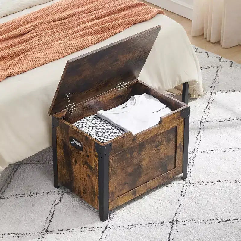 Sitzbank mit Stauraum, Retro Holztruhe mit 2 Sicherheitscharnieren, belastbar bis 136 kg, Ottomanen-Sitzbank für Schlafzimmer, Wohnzimmer, Rustikal