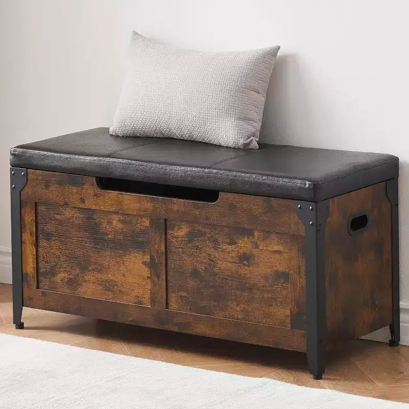 Sitzbank mit Stauraum, Retro Holztruhe mit 2 Sicherheitscharnieren, belastbar bis 136 kg, Ottomanen-Sitzbank für Schlafzimmer, Wohnzimmer, Rustikal