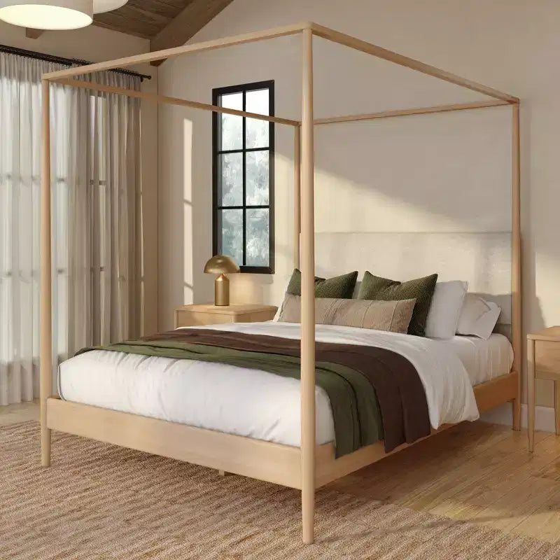 Harbor Queen Canopy Bed with Upholstered Headboard, Blonde/ Swiss Coffee (MD2411-01)