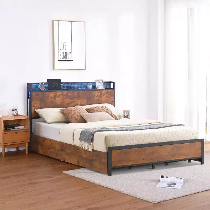 Queen Bed Frame, 4 Drawers and Storage Headboard, Metal Platform Bed, Easy Assembly, No Box Spring Needed