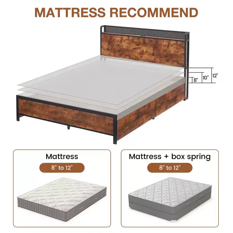Doppelbettrahmen, 4 Schubladen und Stauraum-Kopfteil, Metall-Plattformbett, einfache Montage, kein Boxspringbett erforderlich