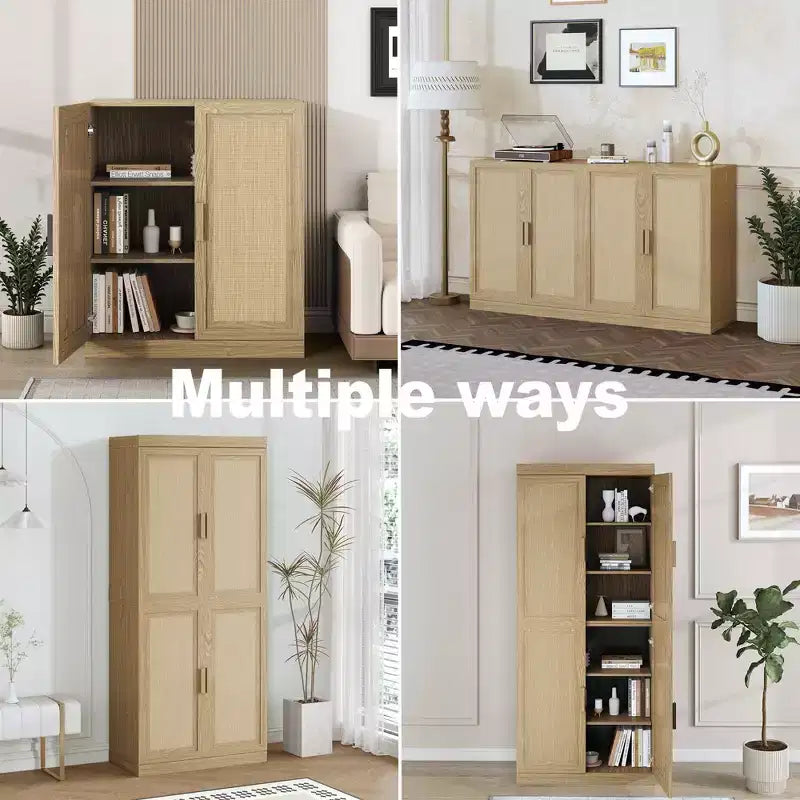 PexFix 36 Modulare Anrichte mit Stauraum, Farmhouse Buffet-Schrank mit Rattantüren für Wohnzimmer, Küche, Esszimmer, Diele, Natur