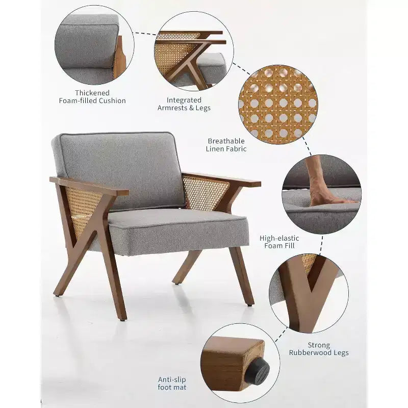 Akzentstuhl, Moderner Sessel mit Holzbeinen, mit Leinenstoff gepolsterter Loungesessel für Wohnzimmer, Schlafzimmer