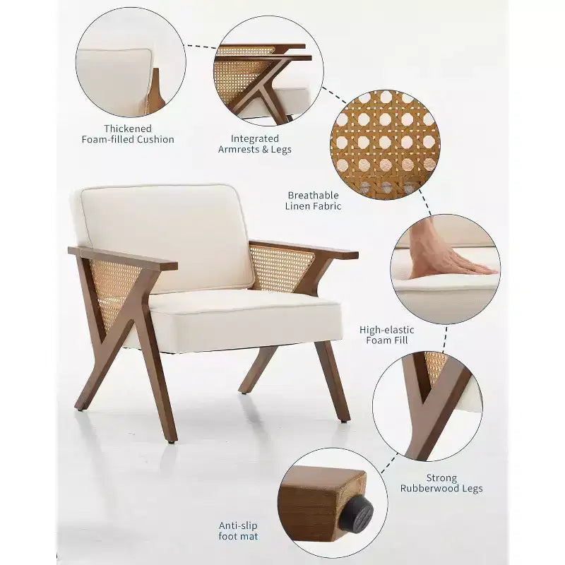 Akzentstuhl, Moderner Sessel mit Holzbeinen, mit Leinenstoff gepolsterter Loungesessel für Wohnzimmer, Schlafzimmer