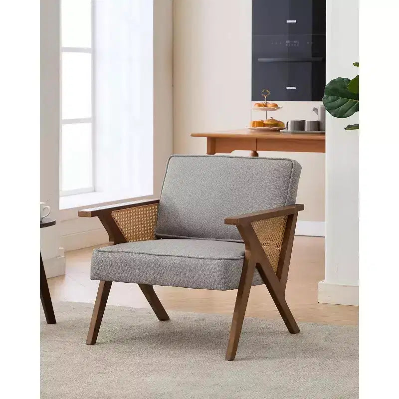 Akzentstuhl, Moderner Sessel mit Holzbeinen, mit Leinenstoff gepolsterter Loungesessel für Wohnzimmer, Schlafzimmer