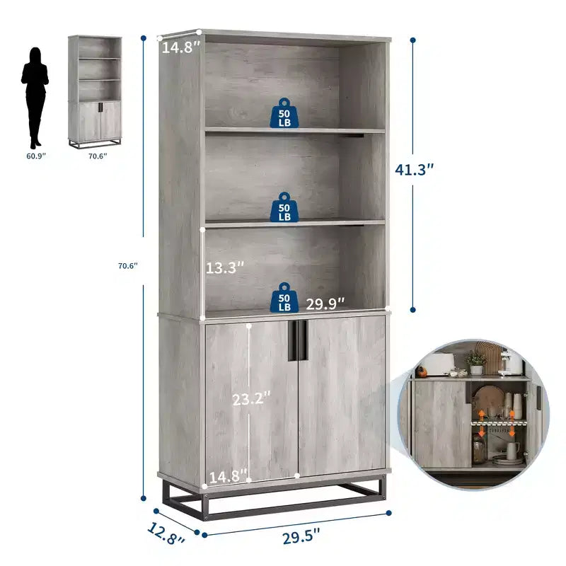 Bookcase with Door, 5-Tier Farmhouse-Style Floor-Standing Display Shelving Unit with Storage Cabinet and Adjustable Shelves, Suitable for Bedrooms