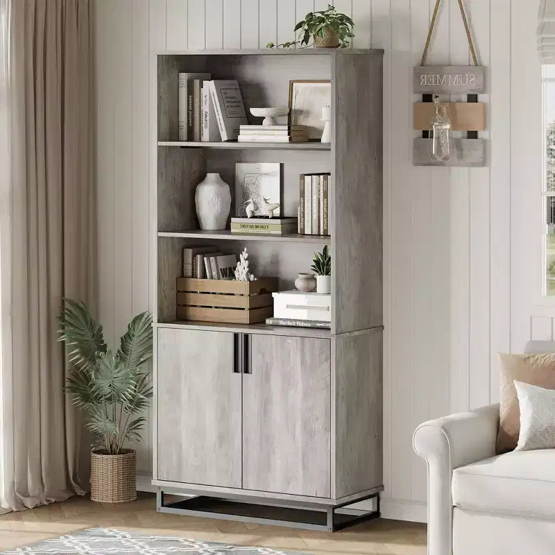 Bücherregal mit Tür, 5-stufiges Standregal im Landhausstil mit Aufbewahrungsschrank und verstellbaren Einlegeböden, geeignet für Schlafzimmer