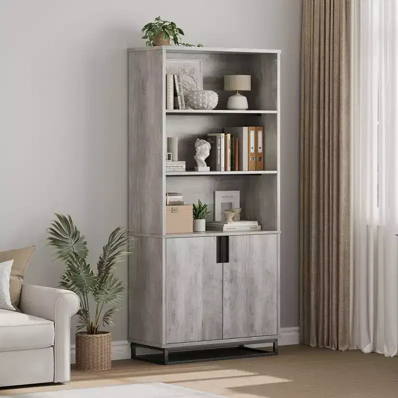 Bücherregal mit Tür, 5-stufiges Standregal im Landhausstil mit Aufbewahrungsschrank und verstellbaren Einlegeböden, geeignet für Schlafzimmer